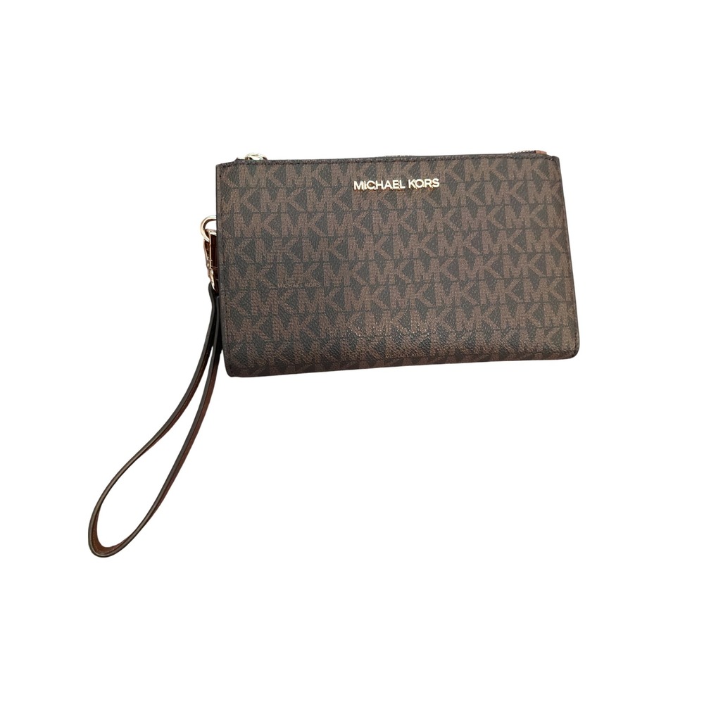 Michael Kors Adele Double Zip Smartphone Wristlet Wallet Brown Logo